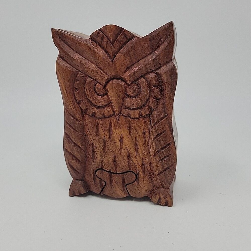 Owl Wood Box Secret Puzzle Trinket/ Stash Box Hand Carved Art 5" Made India